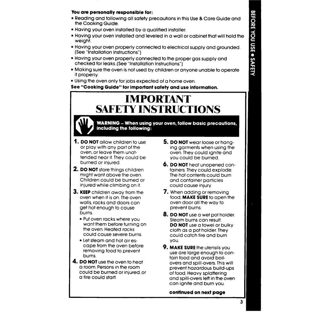 Whirlpool SB130PER manual Safety Instructions, You are personally responsible for, continued on next page 