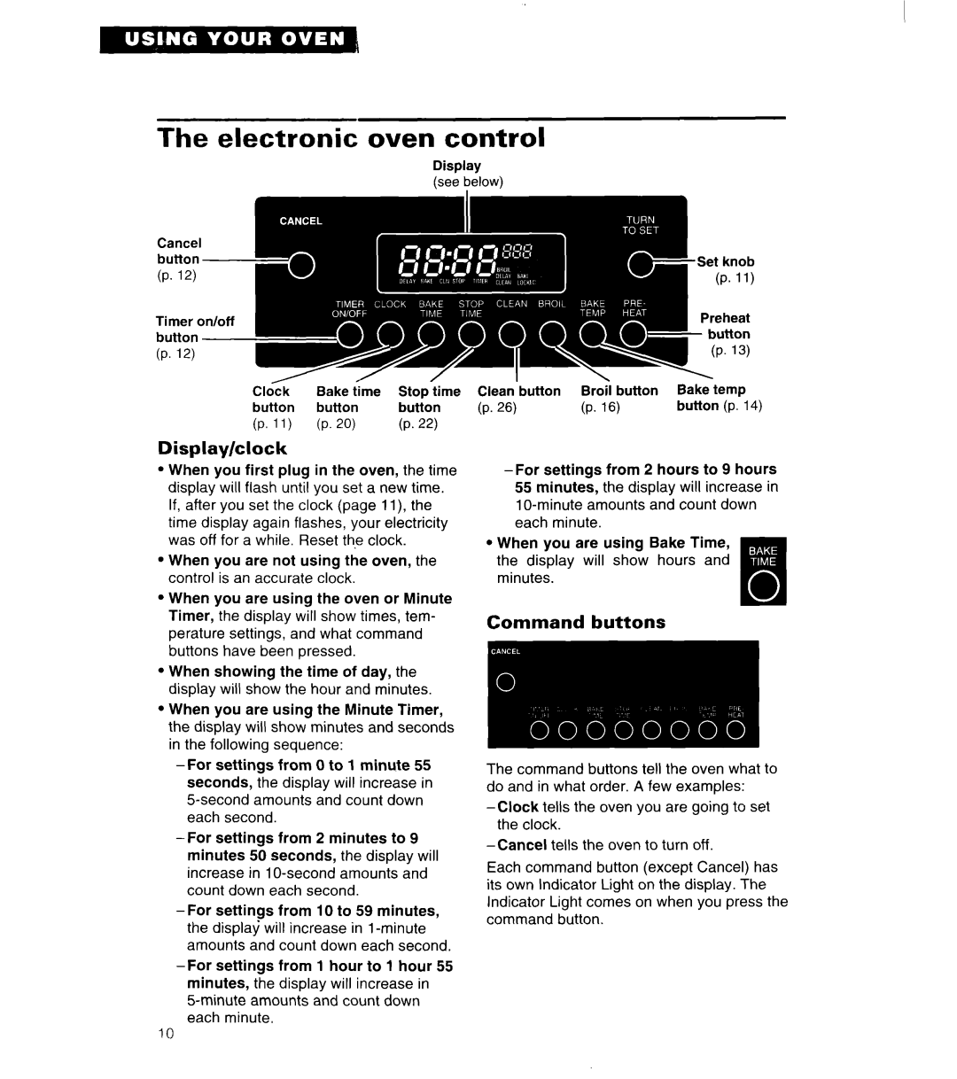 Whirlpool SB160PED warranty Electronic oven control, Display/clock, Command buttons 