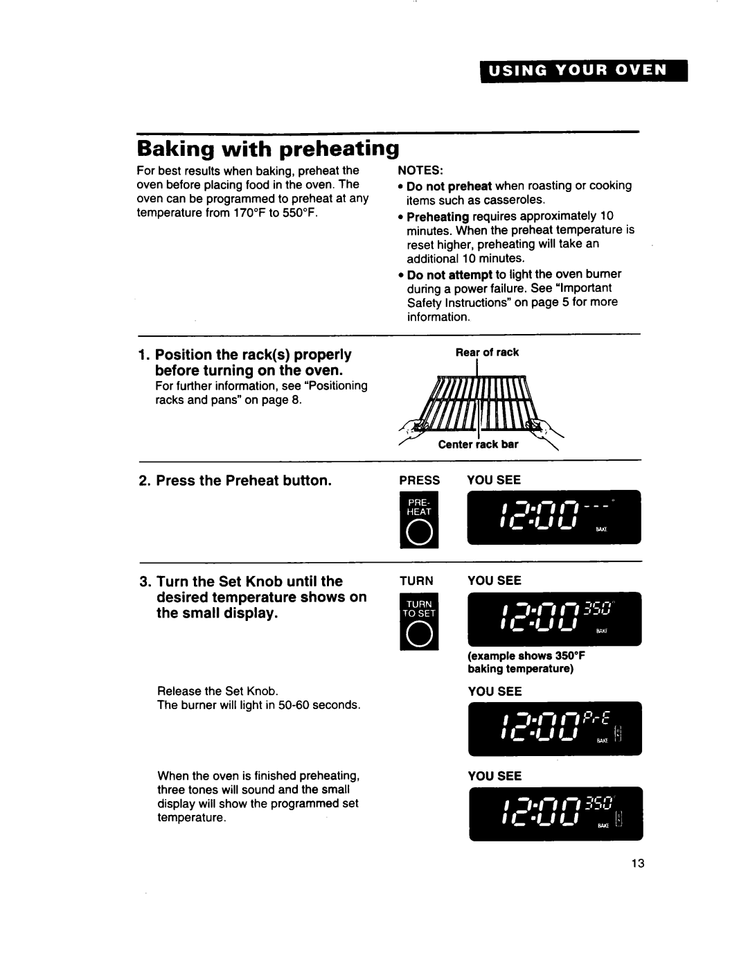 Whirlpool SB160PED warranty Baking with preheating, Press VOU see Turn, YOU see 