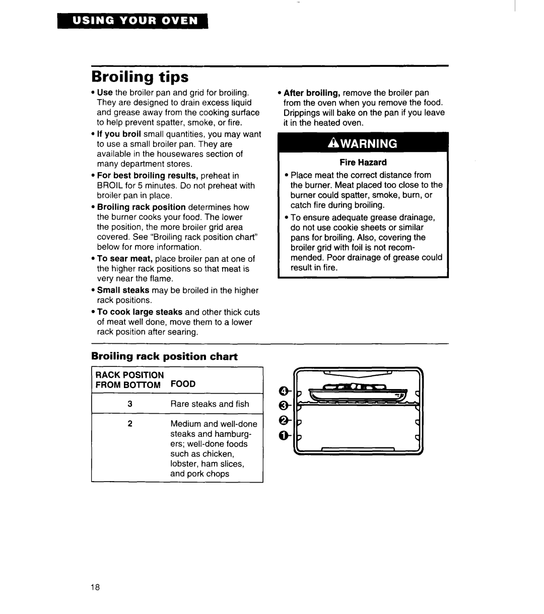 Whirlpool SB160PED warranty Broiling tips, Broiling rack position chart 