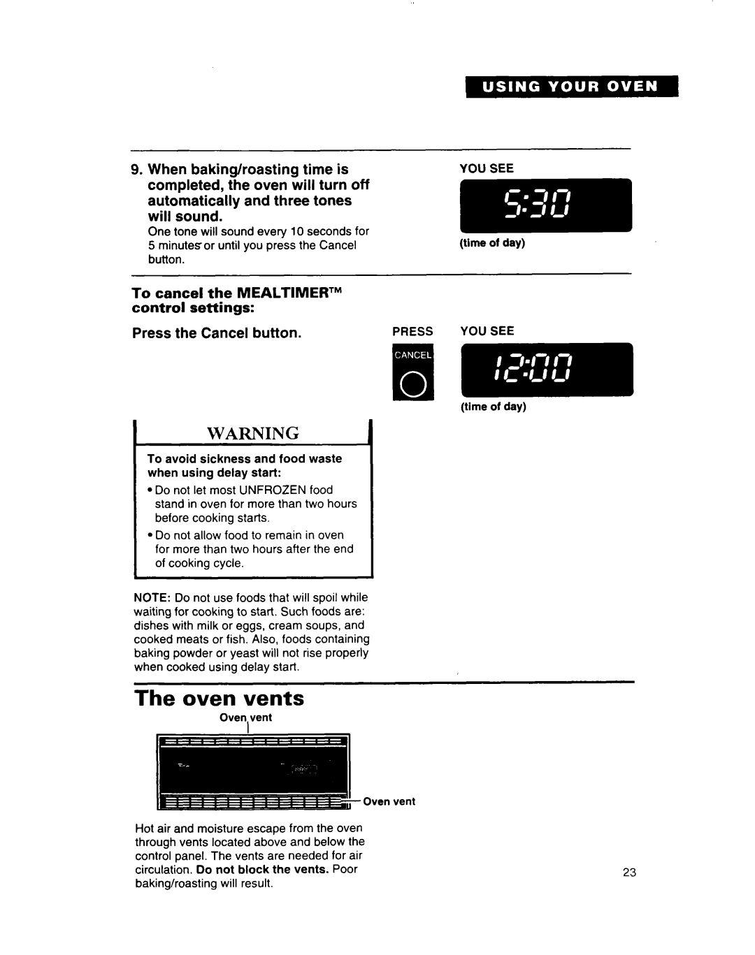 Whirlpool SB160PED warranty Oven vents, To cancel the MEALTIMEFIlM control settings 