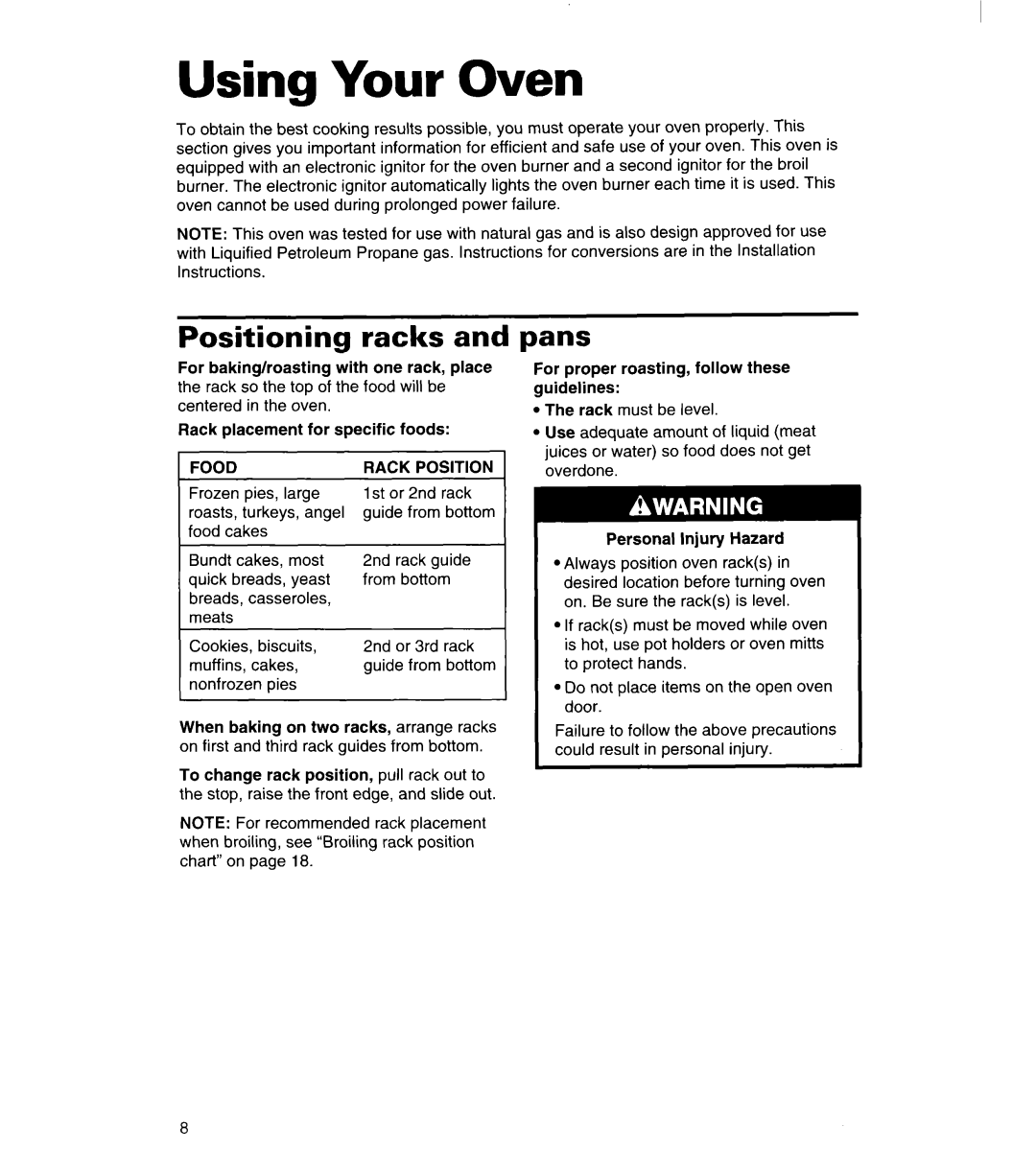 Whirlpool SB160PED warranty Using Your Oven, Positioning racks and pans, Rack Position 