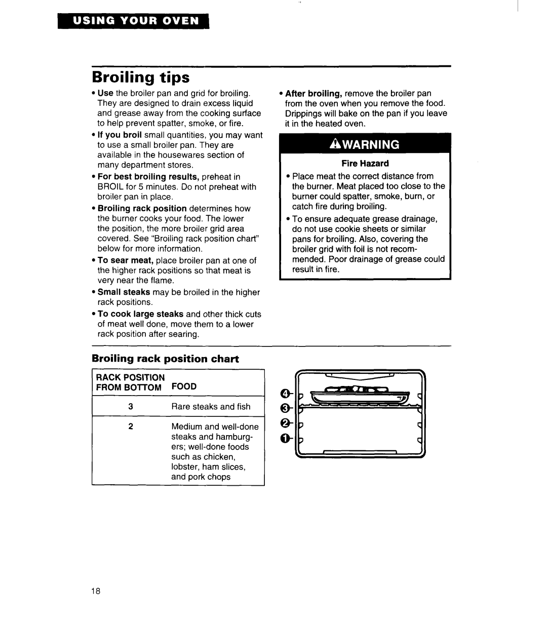 Whirlpool SB160PED warranty Broiling tips, e Q, Broiling rack position chart 