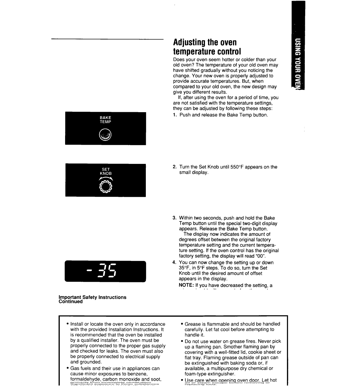 Whirlpool SB160PEX manual Adjustingthe oven temperaturecontrol 