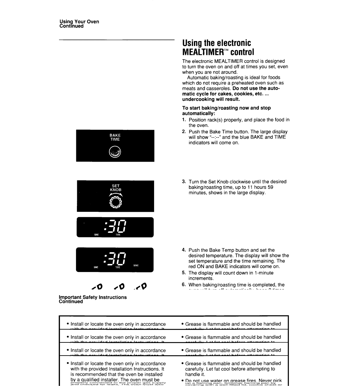 Whirlpool SB160PEX manual Usingthe electronic MEALTIMER’control, Using Your Oven Contmued 