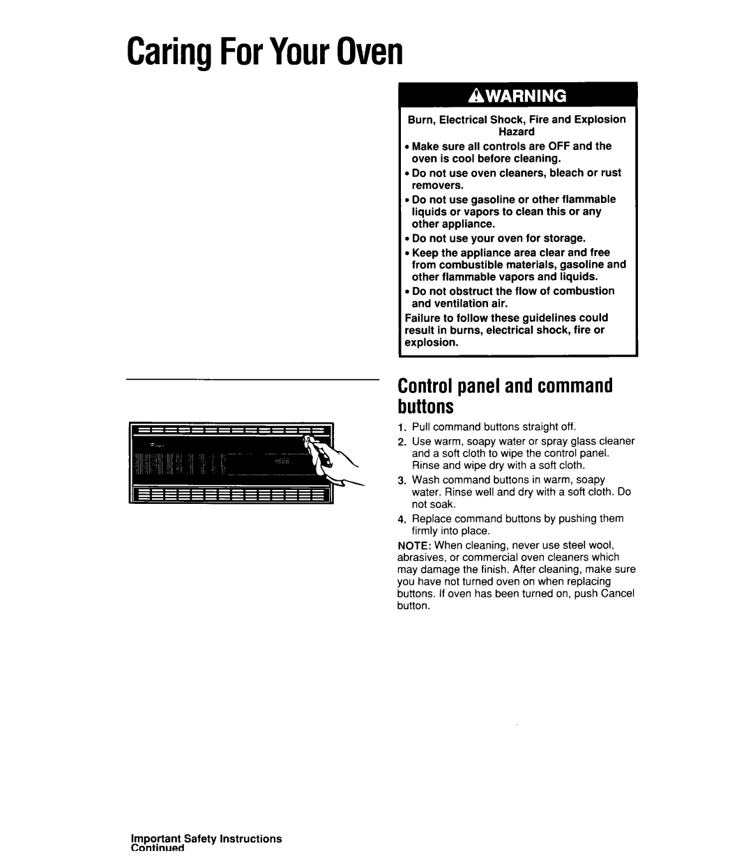 Whirlpool SB160PEX manual CaringForYourOven, Controlpanelandcommand buttons 