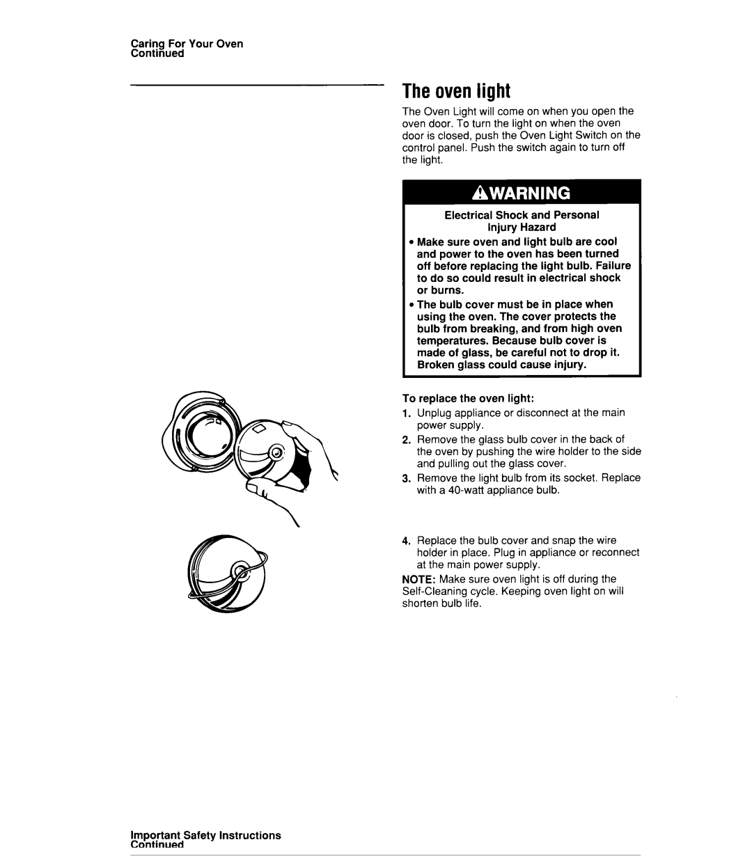 Whirlpool SB160PEX manual Theovenlight, Caring For Your Oven 