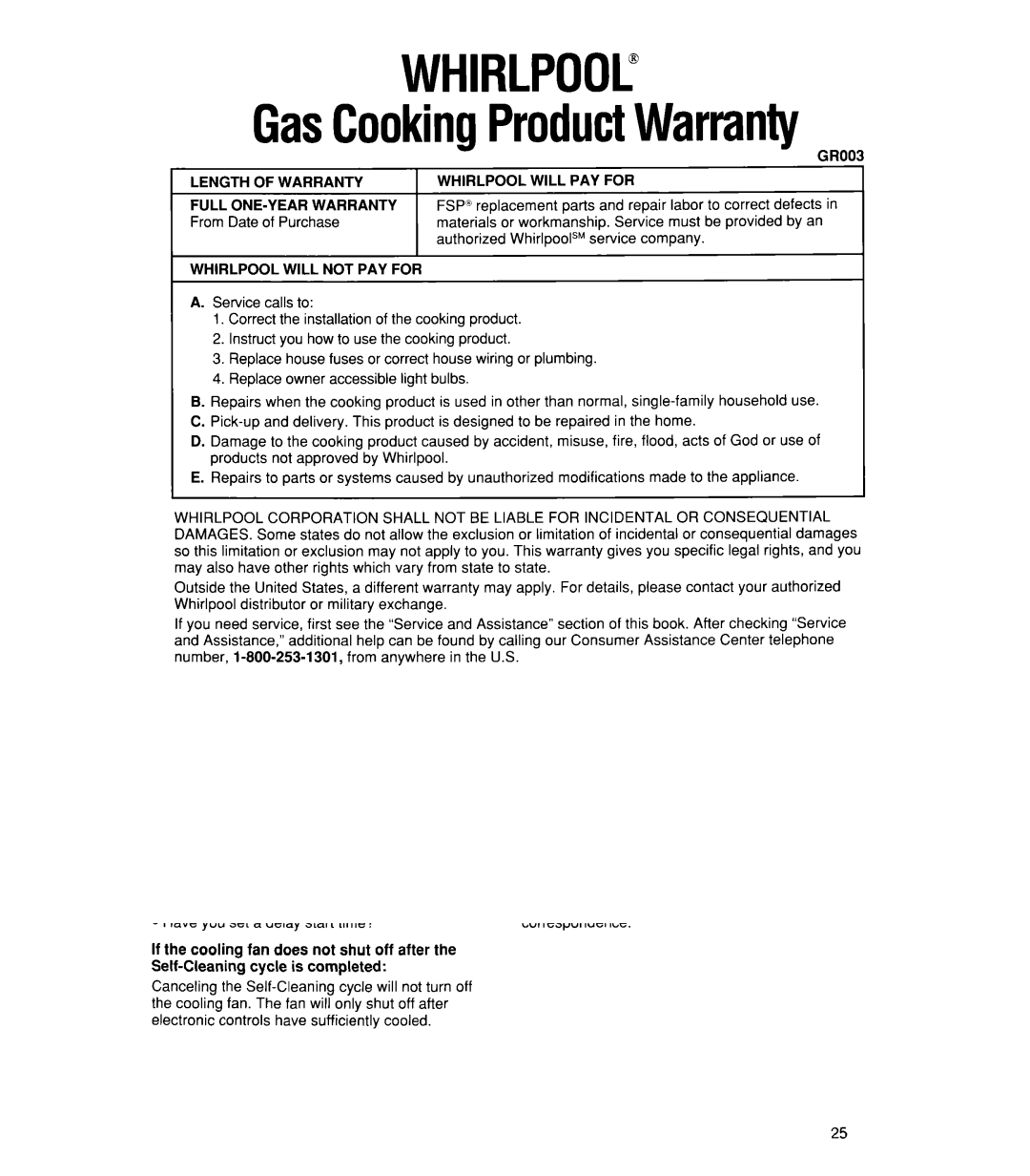 Whirlpool SB160PEX manual GasCookingProductWarranty, GR003 