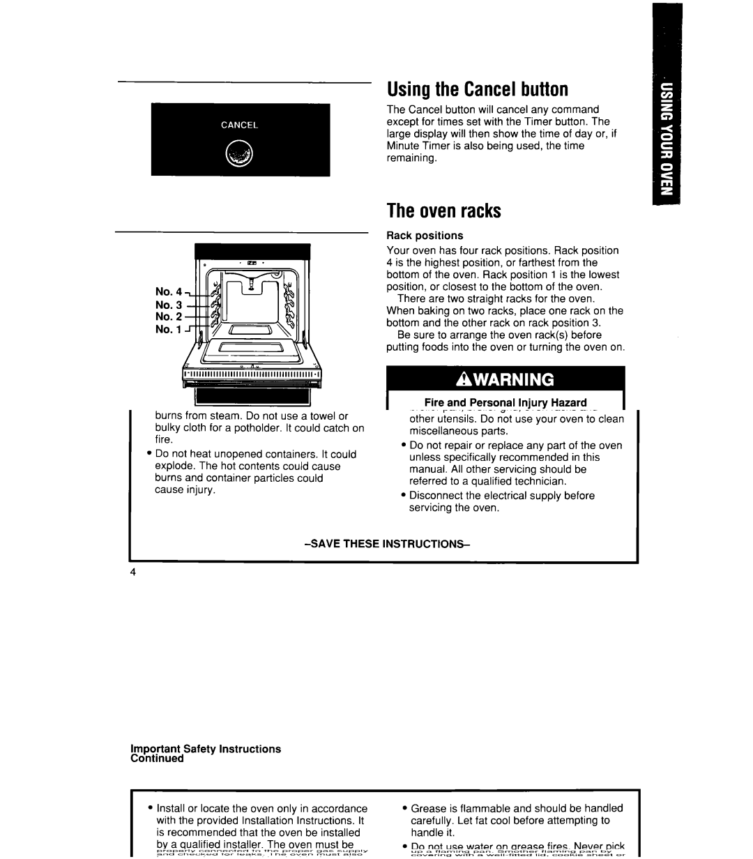 Whirlpool SB160PEX manual Usingthe Cancelbutton, Theovenracks, Rack positions 