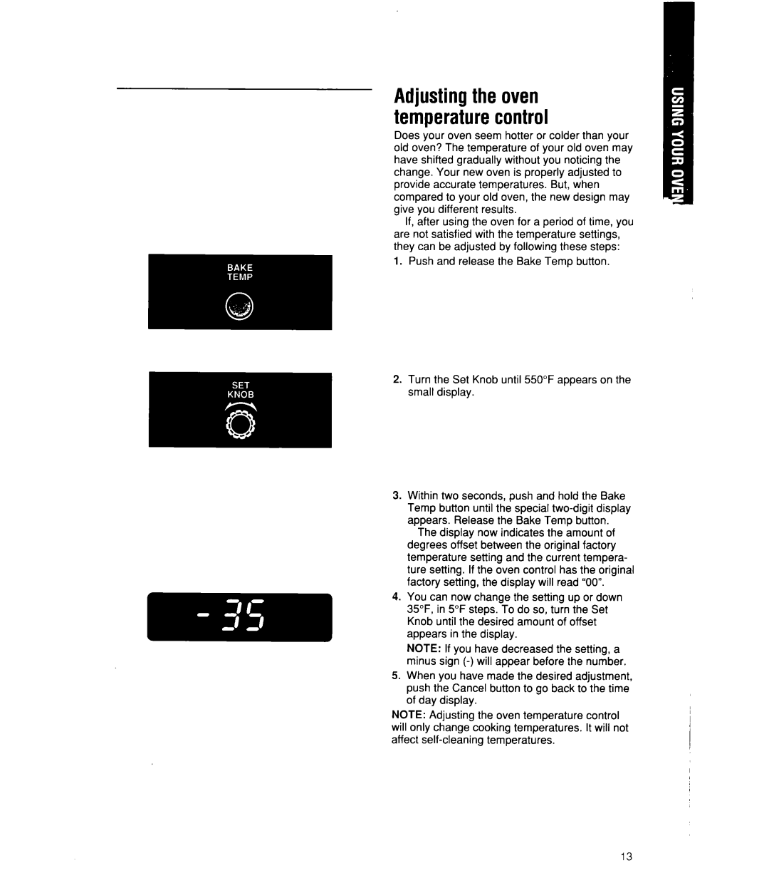 Whirlpool SB160PEX manual Adjustingthe oven temperaturecontrol 