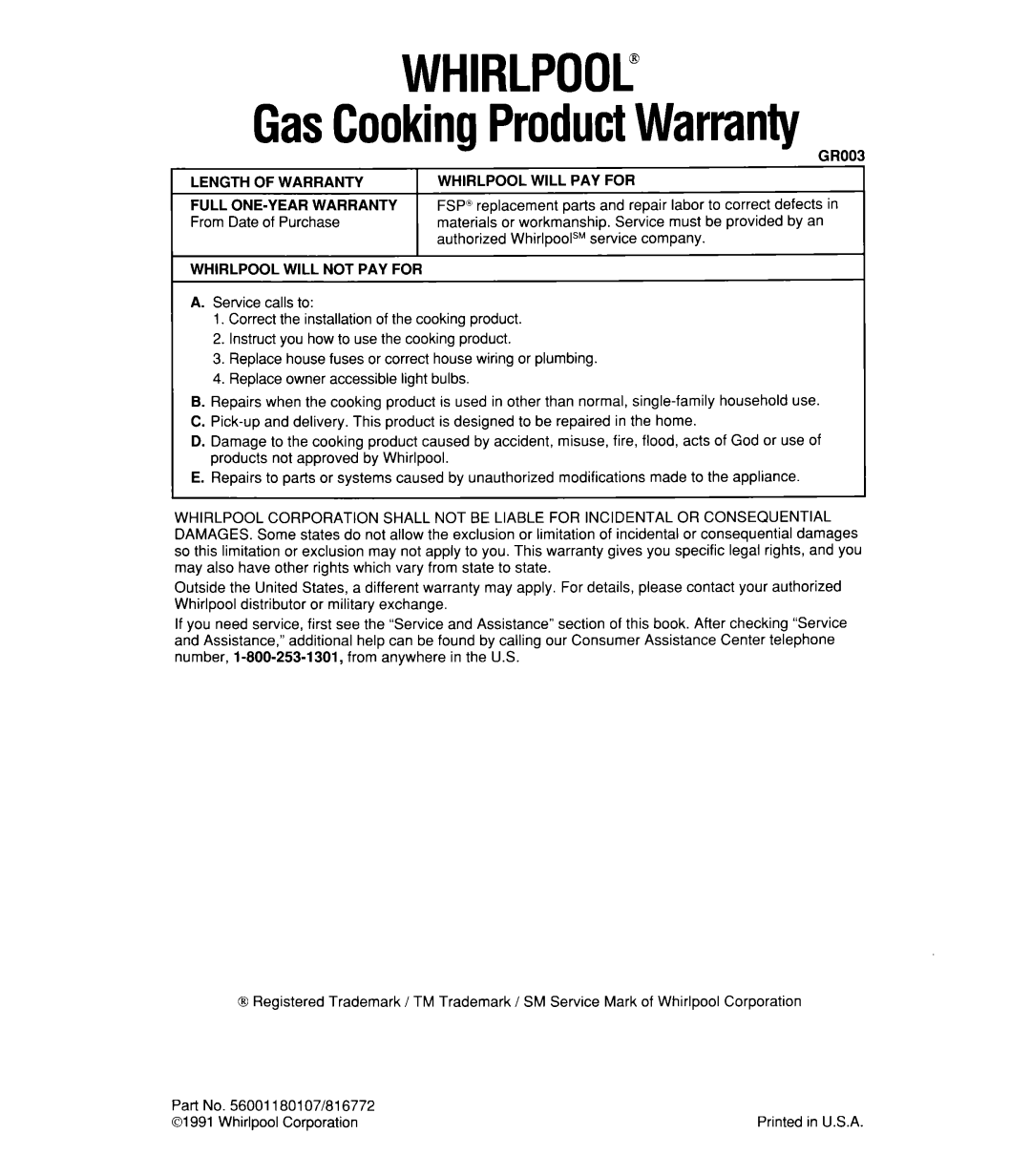 Whirlpool SB160PEX manual WHIRLPOOL” GasCookingProductWarranty 