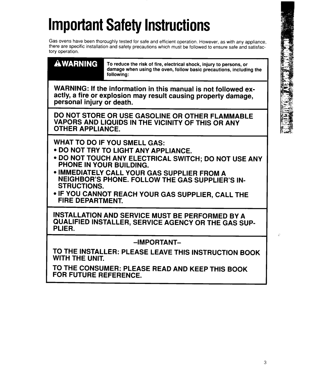 Whirlpool SB160PEX manual ImportantSafetyInstructions 