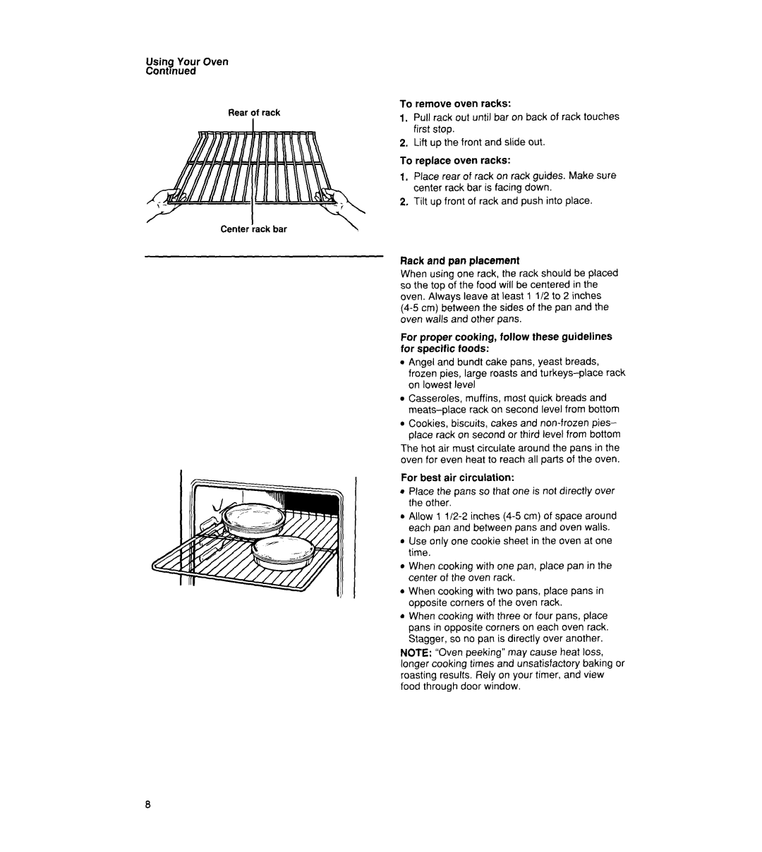 Whirlpool SB160PEX manual Using Your Oven Contmued Rear of rack 
