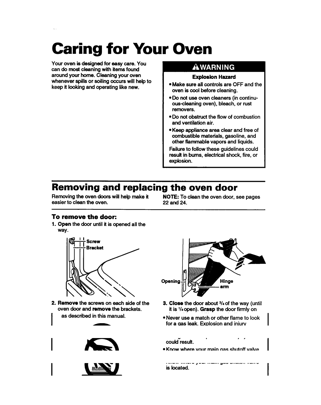 Whirlpool SBIOOPED Caring for Your, Oven, Removing and replacing the oven door, To remove the door, Explosion Hazard 