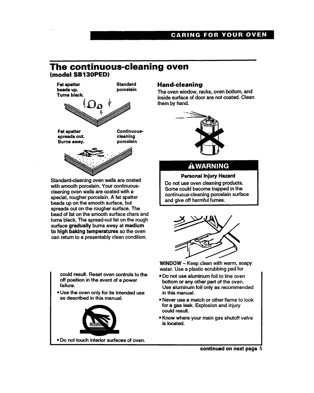 Whirlpool SBIOOPED, SBISOPED warranty Continuous-cleaning, Model SB130PED, Hand-cleaning 