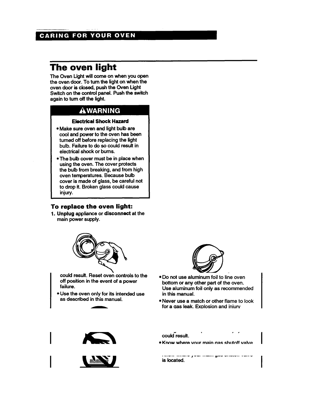 Whirlpool SBISOPED, SBIOOPED warranty Oven light, To replace the oven light, Electrkal Shock Hazard 