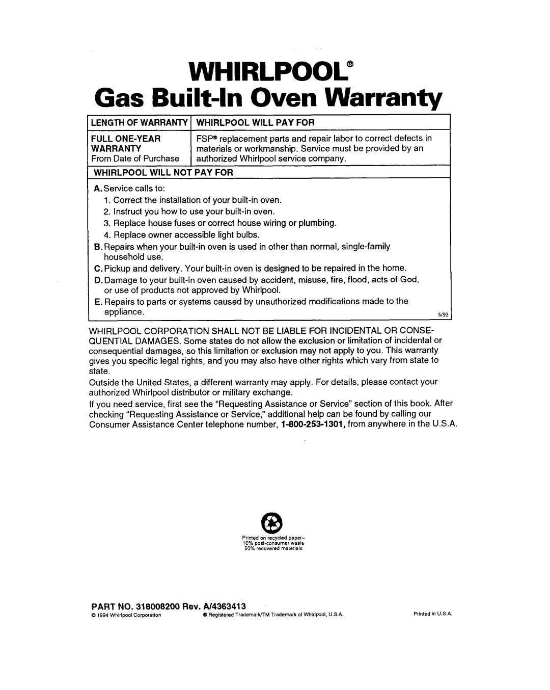 Whirlpool SBIOOPED, SBISOPED warranty WHIRLPOOL” Gas Built-InOven Warranty 