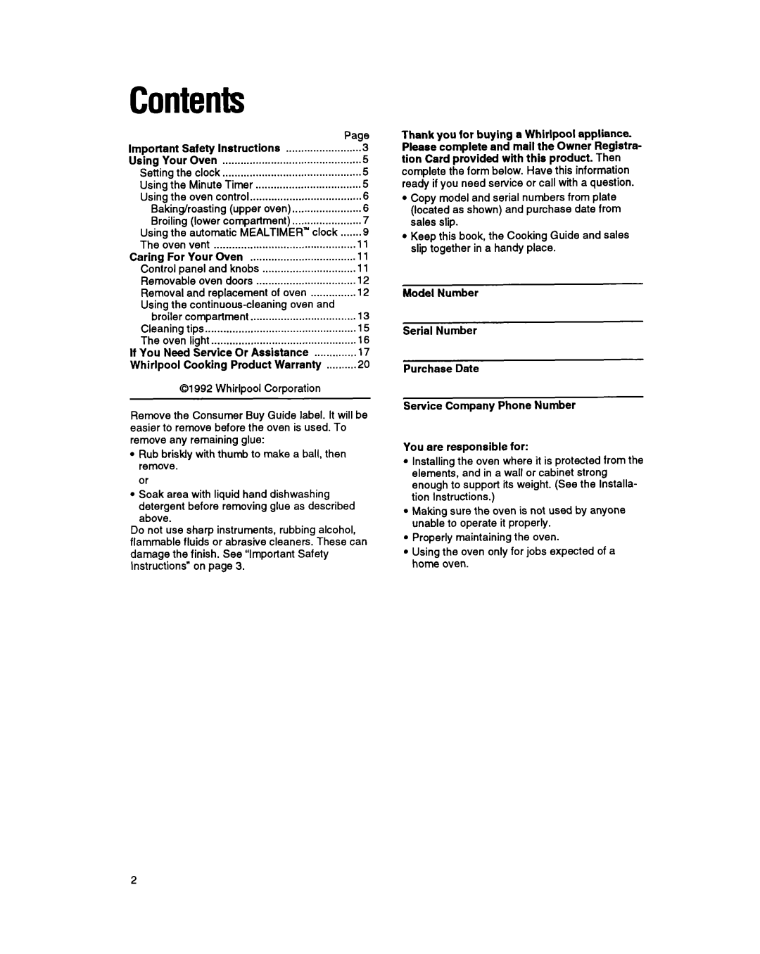 Whirlpool SBl3OPER manual Contents 