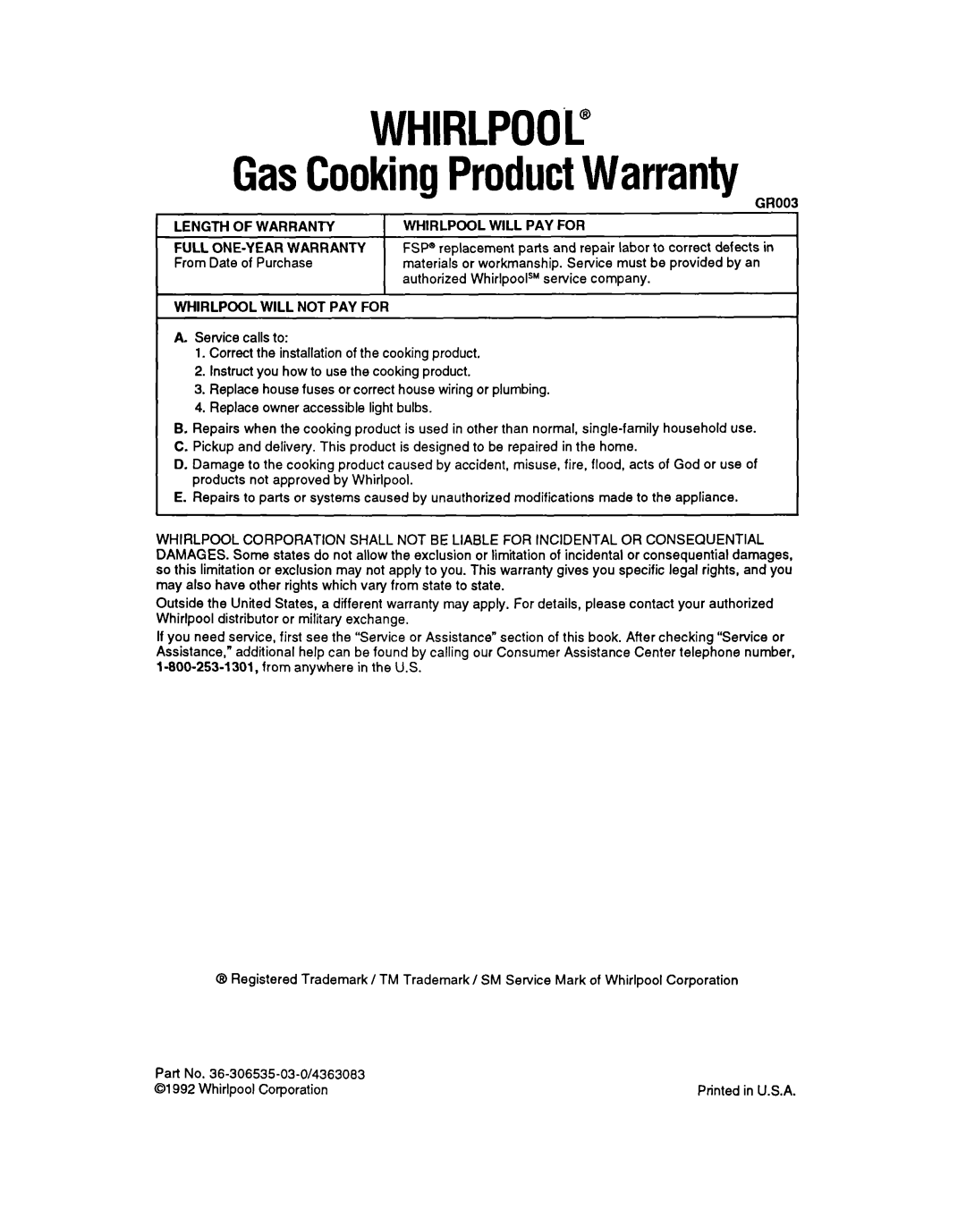 Whirlpool SBl3OPER manual Whirlpool, GasCookingProductWarranty 