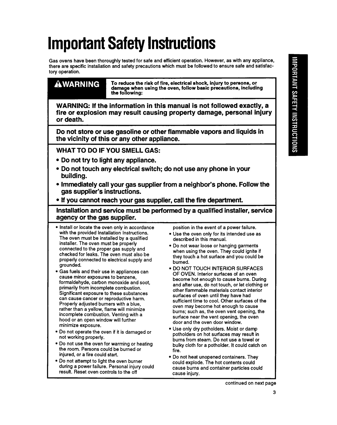 Whirlpool SBl3OPER manual ImportantSafetyInstructions, What to do if YOU Smell GAS 