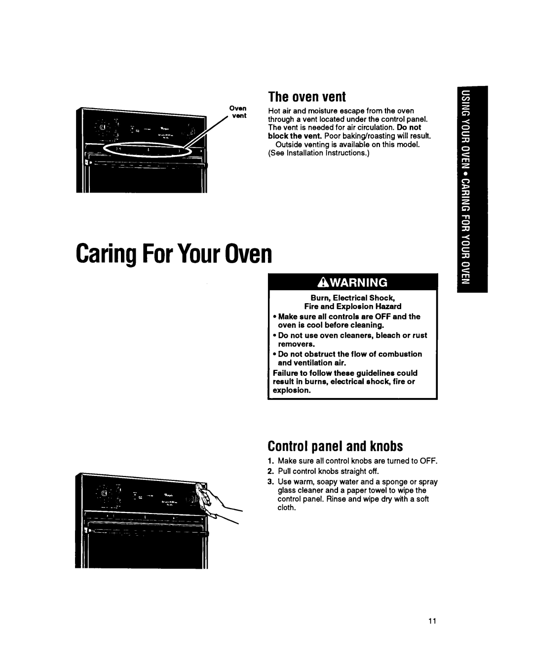Whirlpool SBl3OPER manual CaringForYourOven, Theovenvent, Controlpanel and knobs 