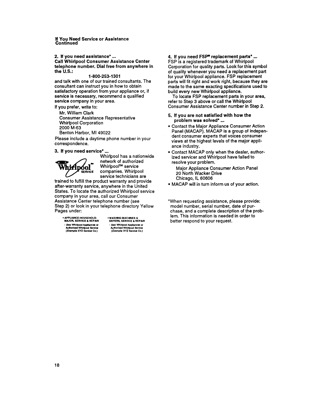 Whirlpool SBl3OPER manual If You Need Service or Assistance Continued 