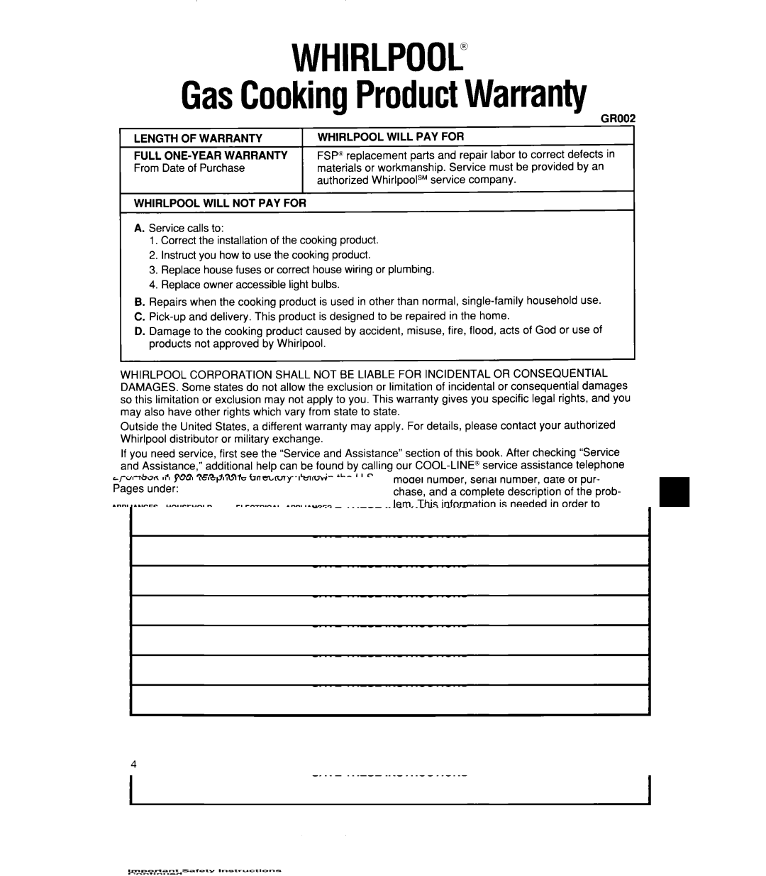 Whirlpool SBlOOPES manual WHIRLPOOL@ GasCookingProductWarranty 