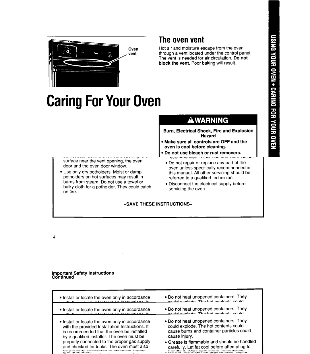 Whirlpool SBlOOPES manual CaringForYourOven, Theovenvent, Controlpanel and knobs 