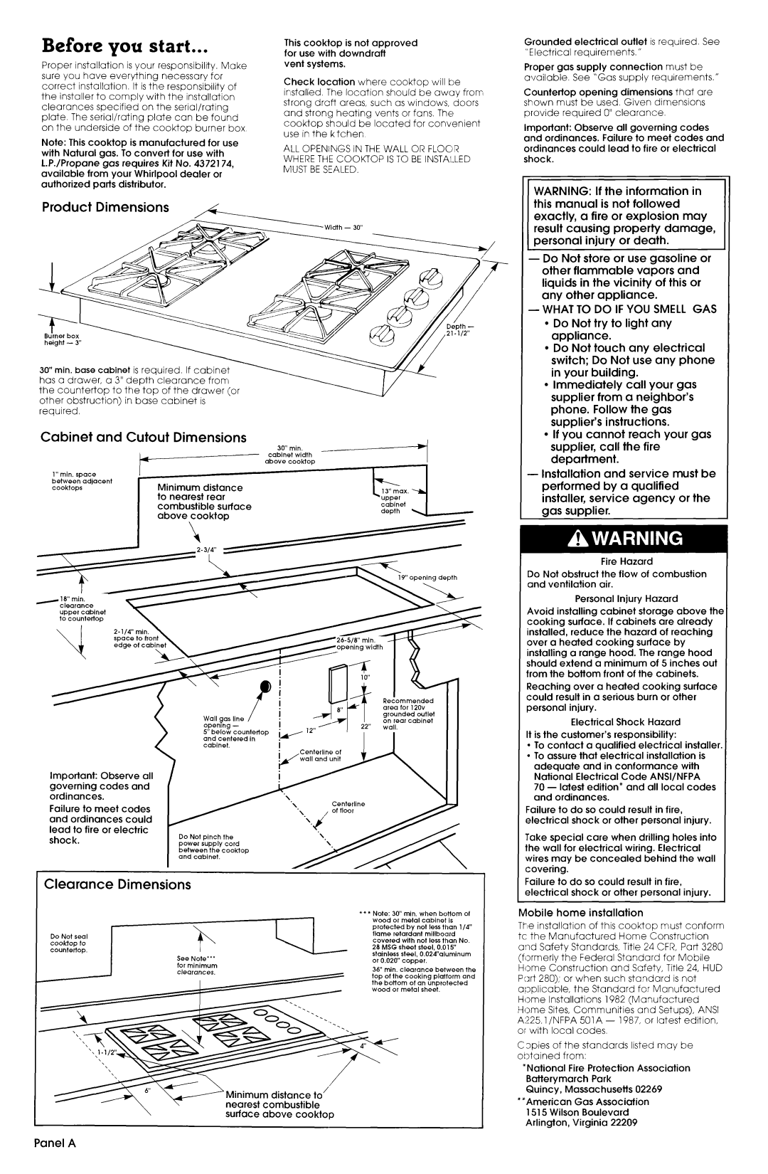 Whirlpool SC 8630 installation instructions Before you start, Product Dimensions, Cutout Dimensions, Clearance Dimensions 