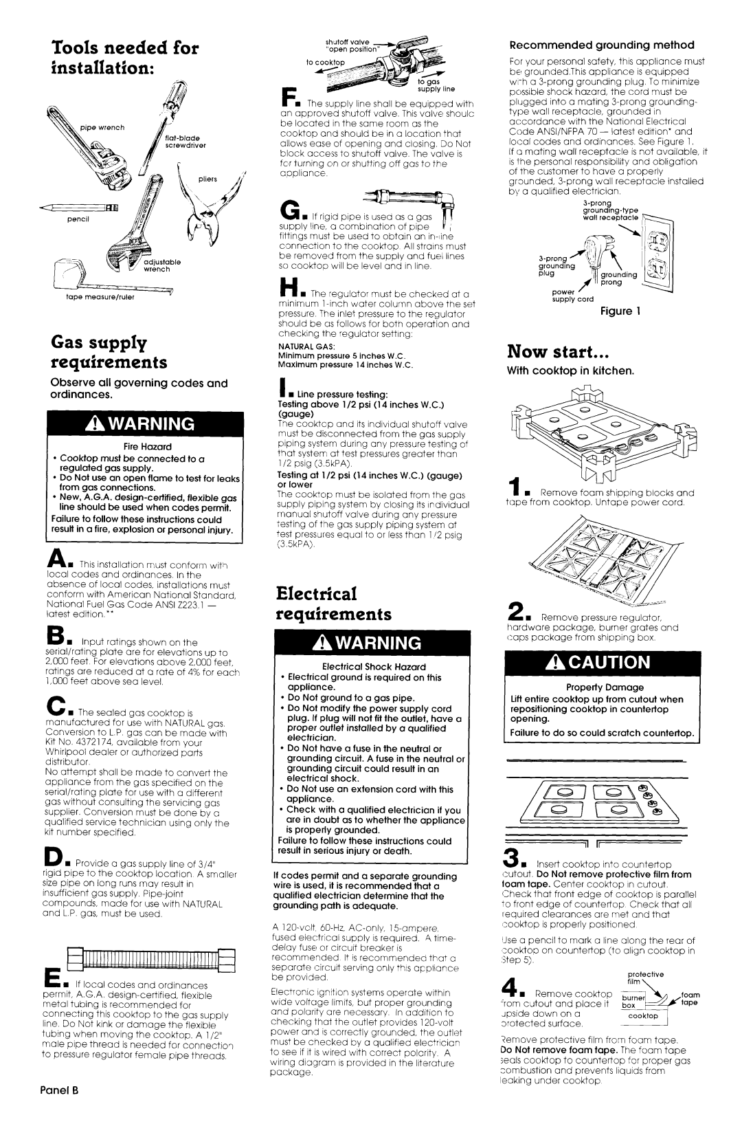 Whirlpool SC 8630 Tools needed for installation, Now start, Gas supply requirements, Electrical requirements 