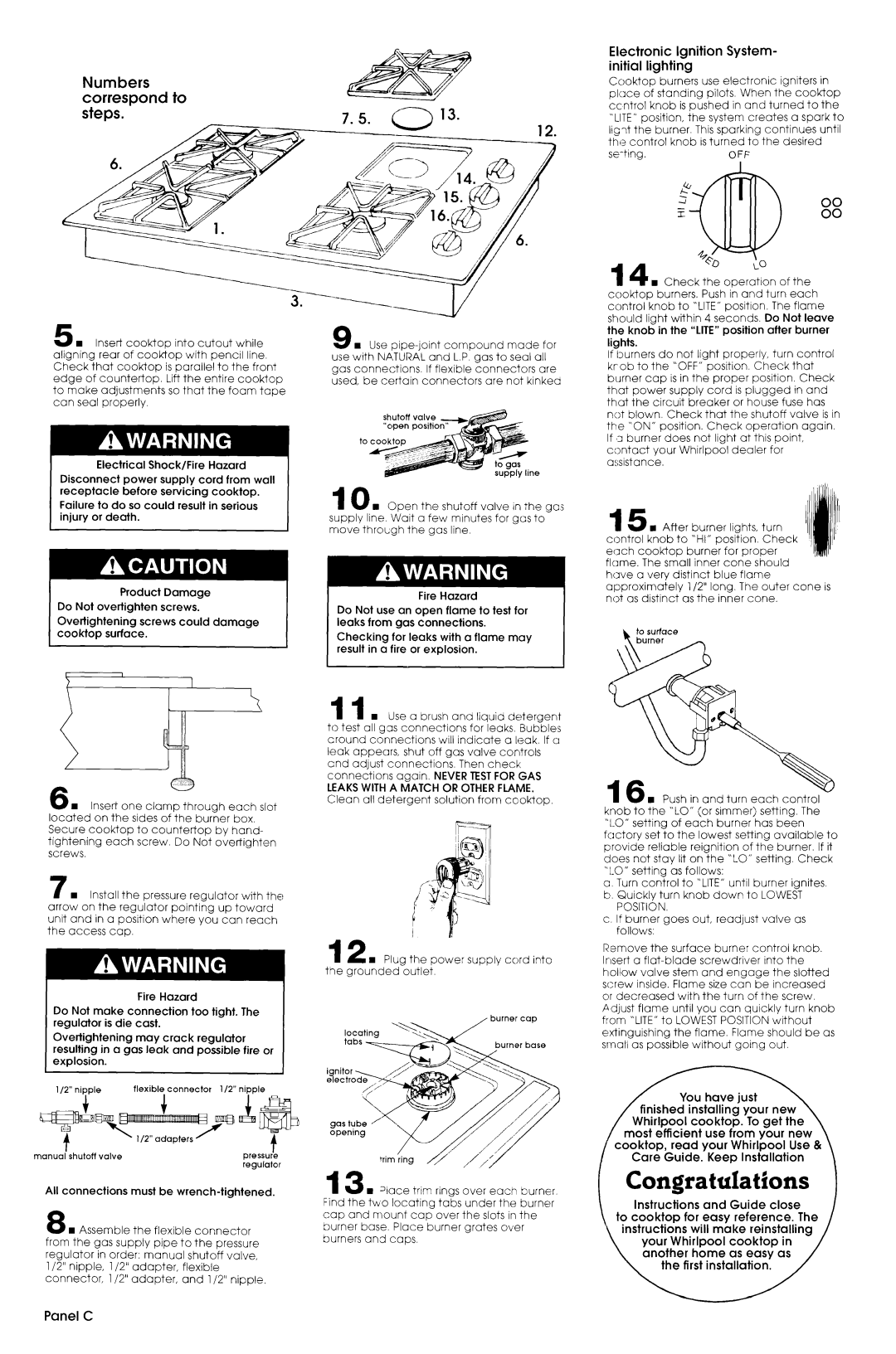 Whirlpool SC 8630 installation instructions Numbers correst3ond to, Electronic Ignition System- initial lighting, Panel C 