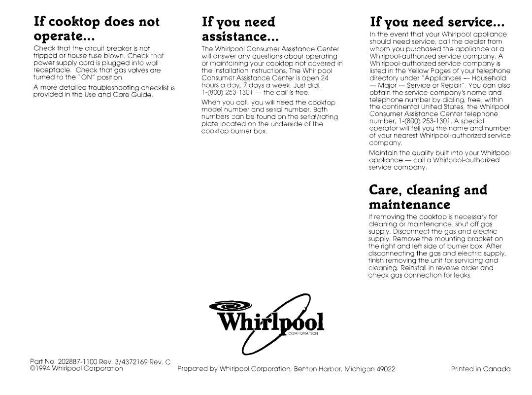 Whirlpool SC 8630 If cooktop Does not, Operate, If you need service, Care, cleanfng and maintenance, Asshtance 