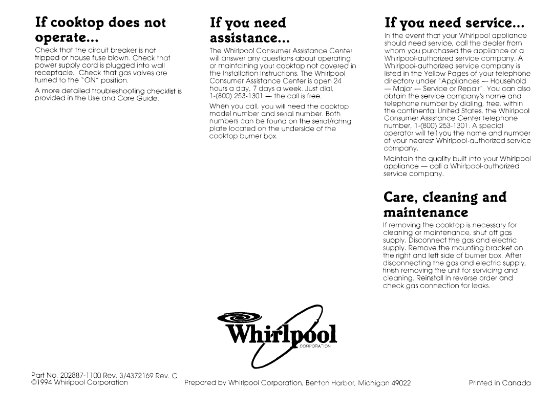 Whirlpool SC 8630 If cooktop, does not, operate, If you need service, Care, cleanfng and maintenance, asshtance 