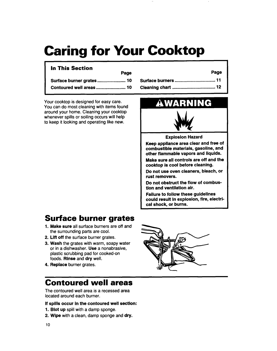 Whirlpool SC6640EE important safety instructions Caring for Your Cooktop, Surface burner grates, Contoured well areas 