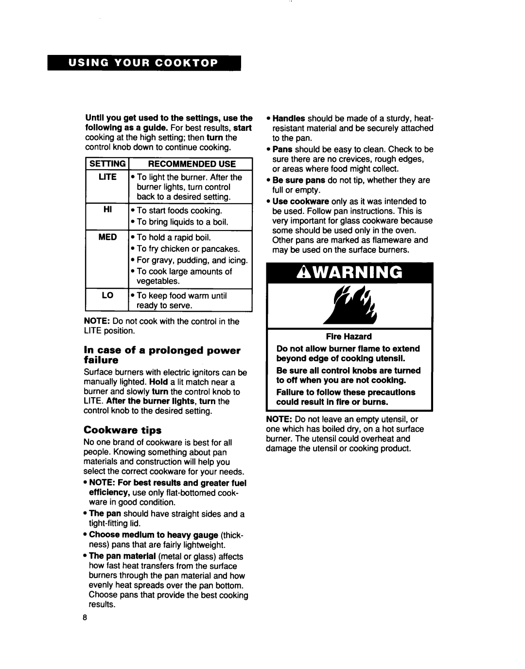 Whirlpool SC6640EE important safety instructions Case of a prolonged power failure, Cookware tips, Setting Recommended USE 