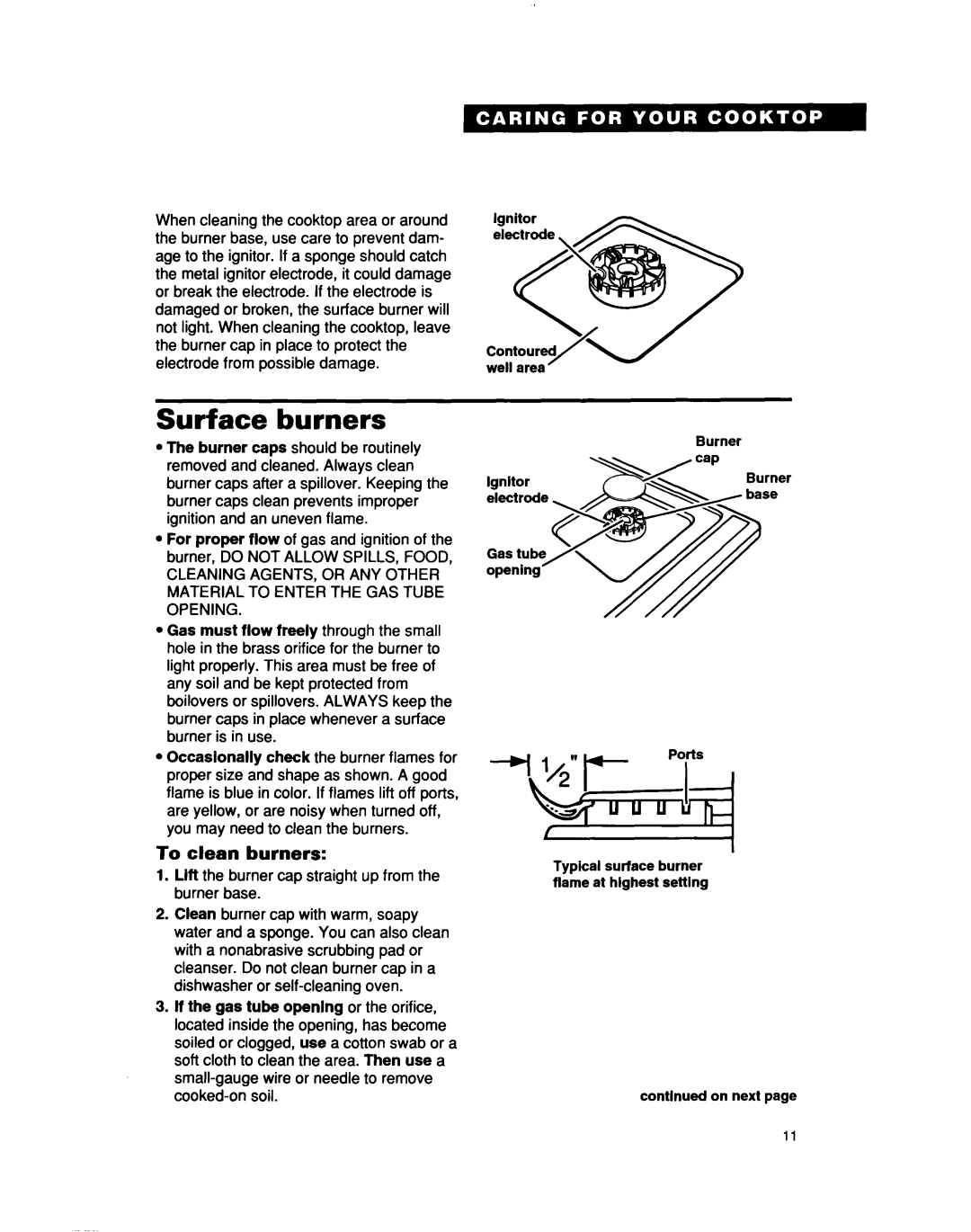 Whirlpool SC6640EE important safety instructions Surface burners, To clean burners 