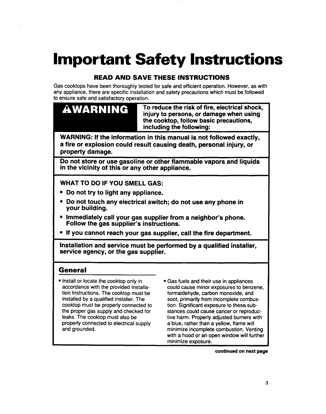 Whirlpool SC6640EE important safety instructions Important Safety Instructions, General 