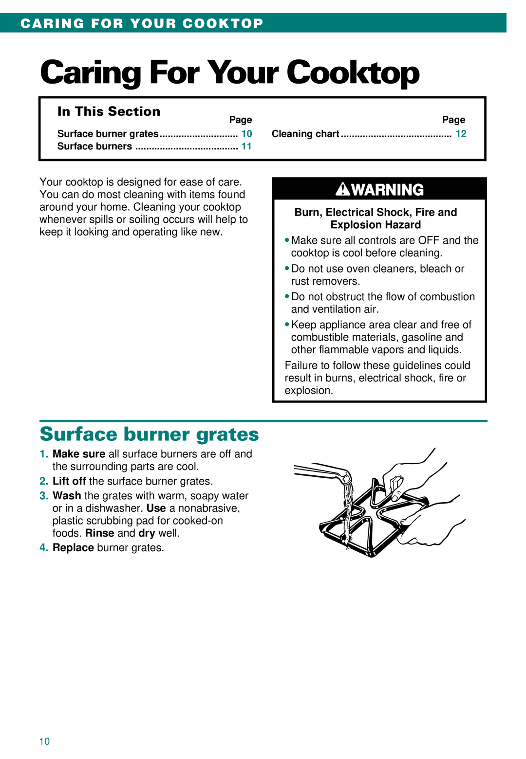 Whirlpool SC8100XA Caring For Your Cooktop, Surface burner grates, Burn, Electrical Shock, Fire Explosion Hazard 