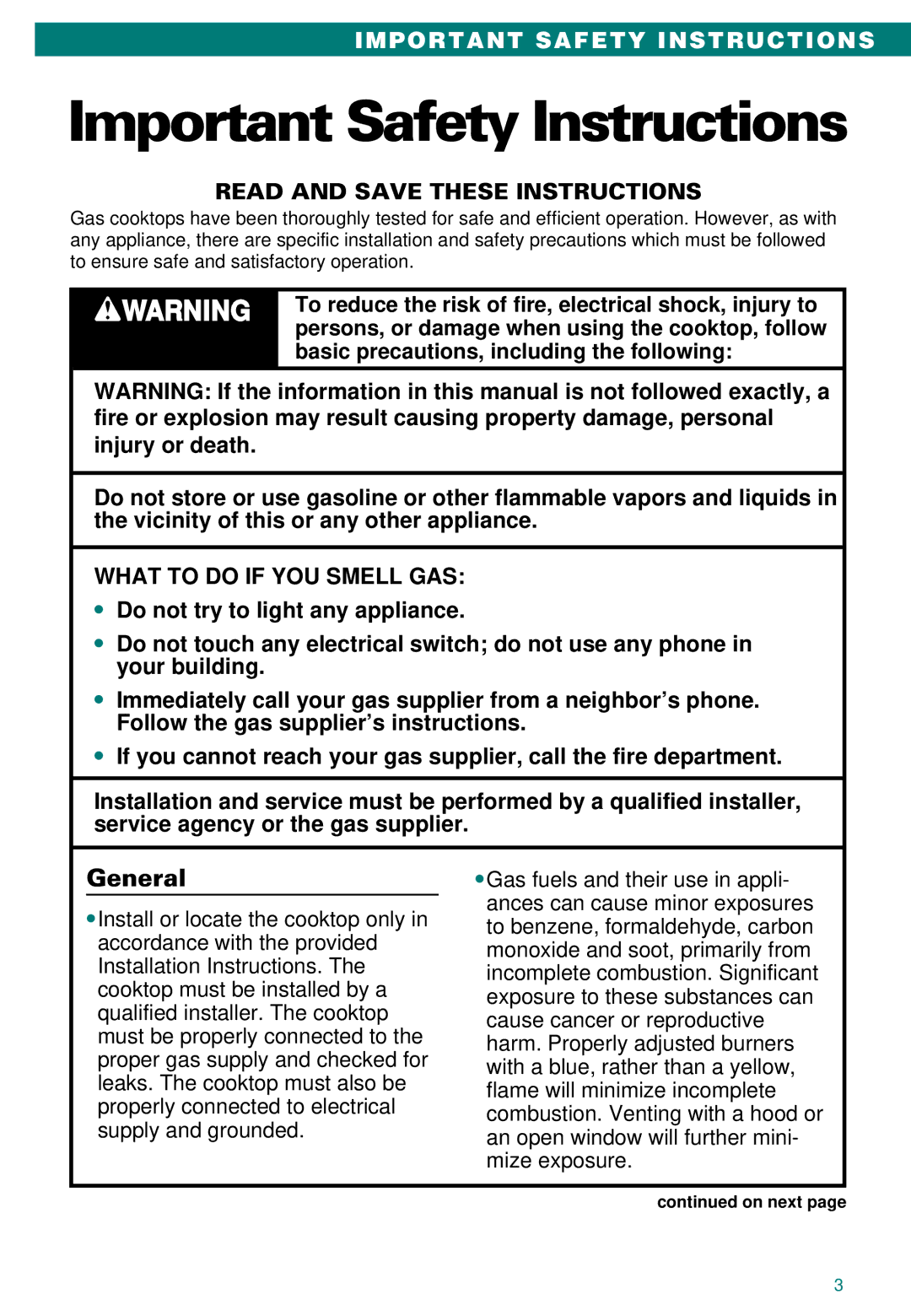 Whirlpool SC8100XA important safety instructions Important Safety Instructions, Read and Save These Instructions 