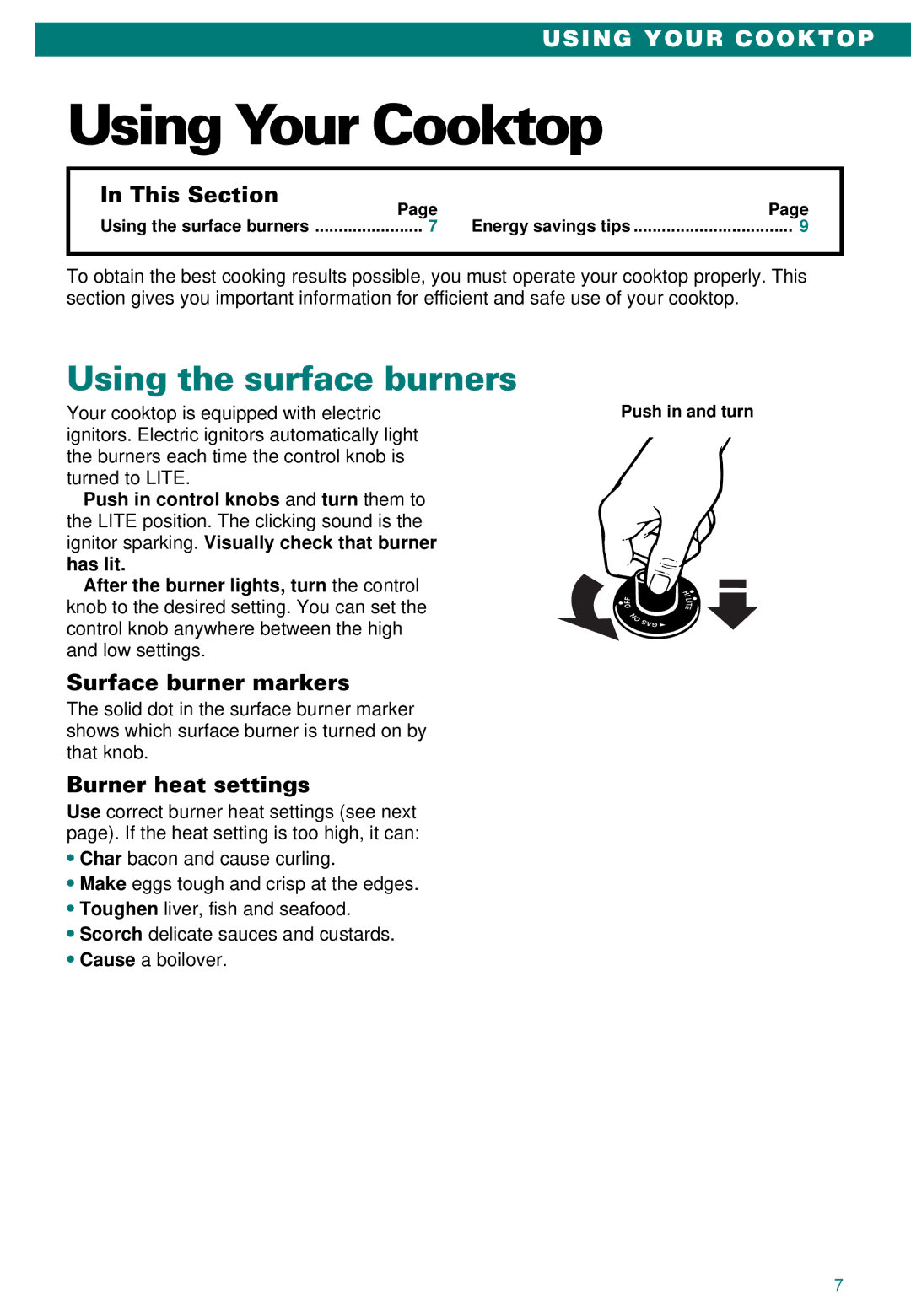 Whirlpool SC8100XA Using Your Cooktop, Using the surface burners, This Section, Surface burner markers 