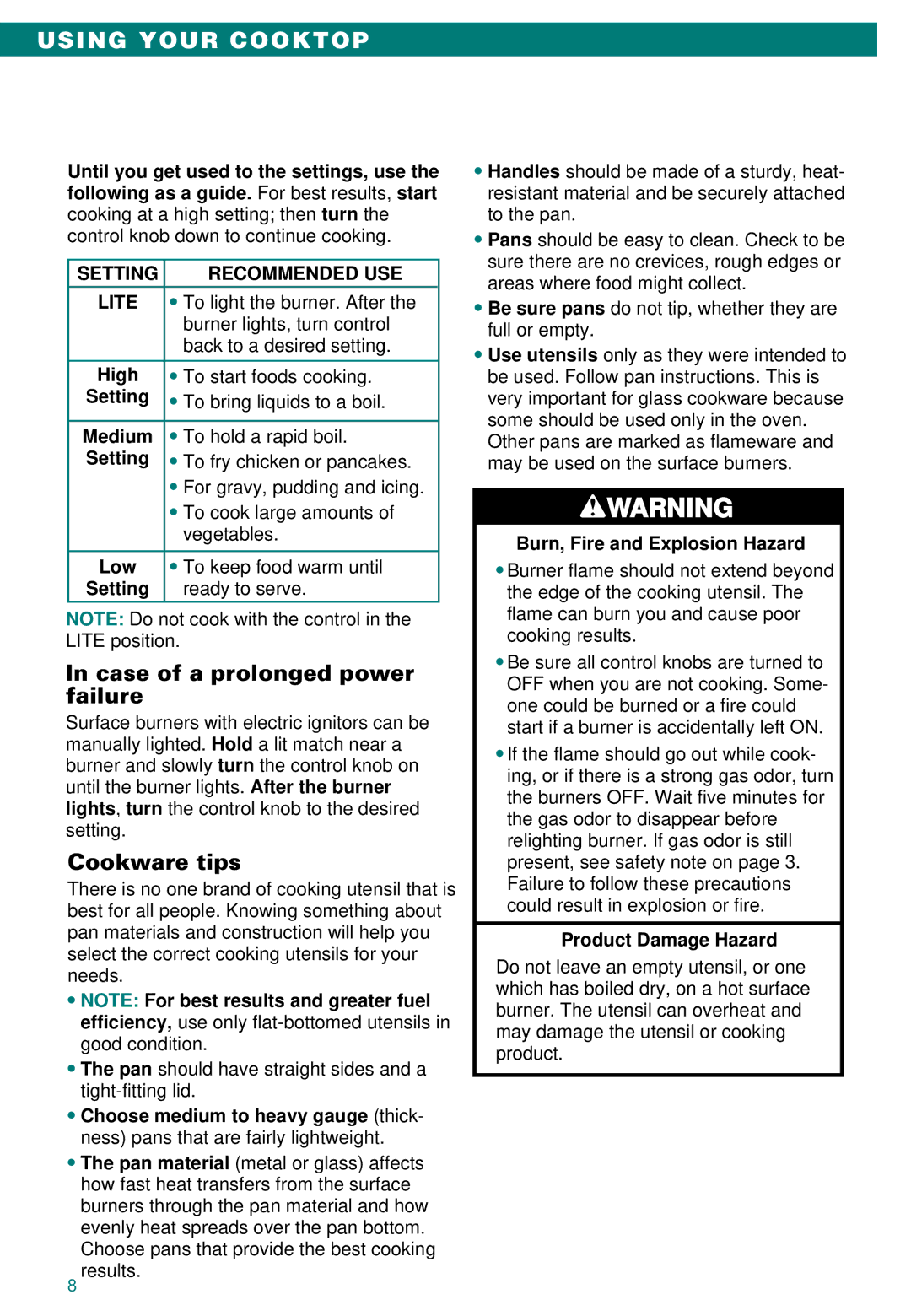 Whirlpool SC8100XA Case of a prolonged power failure, Cookware tips, Setting Recommended USE Lite 