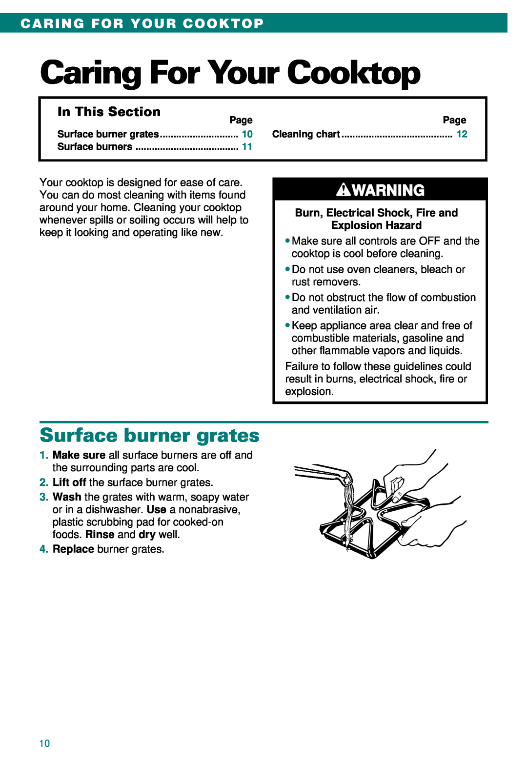 Whirlpool SC8100XA important safety instructions Caring For Your Cooktop, Surface burner grates, In This Section 