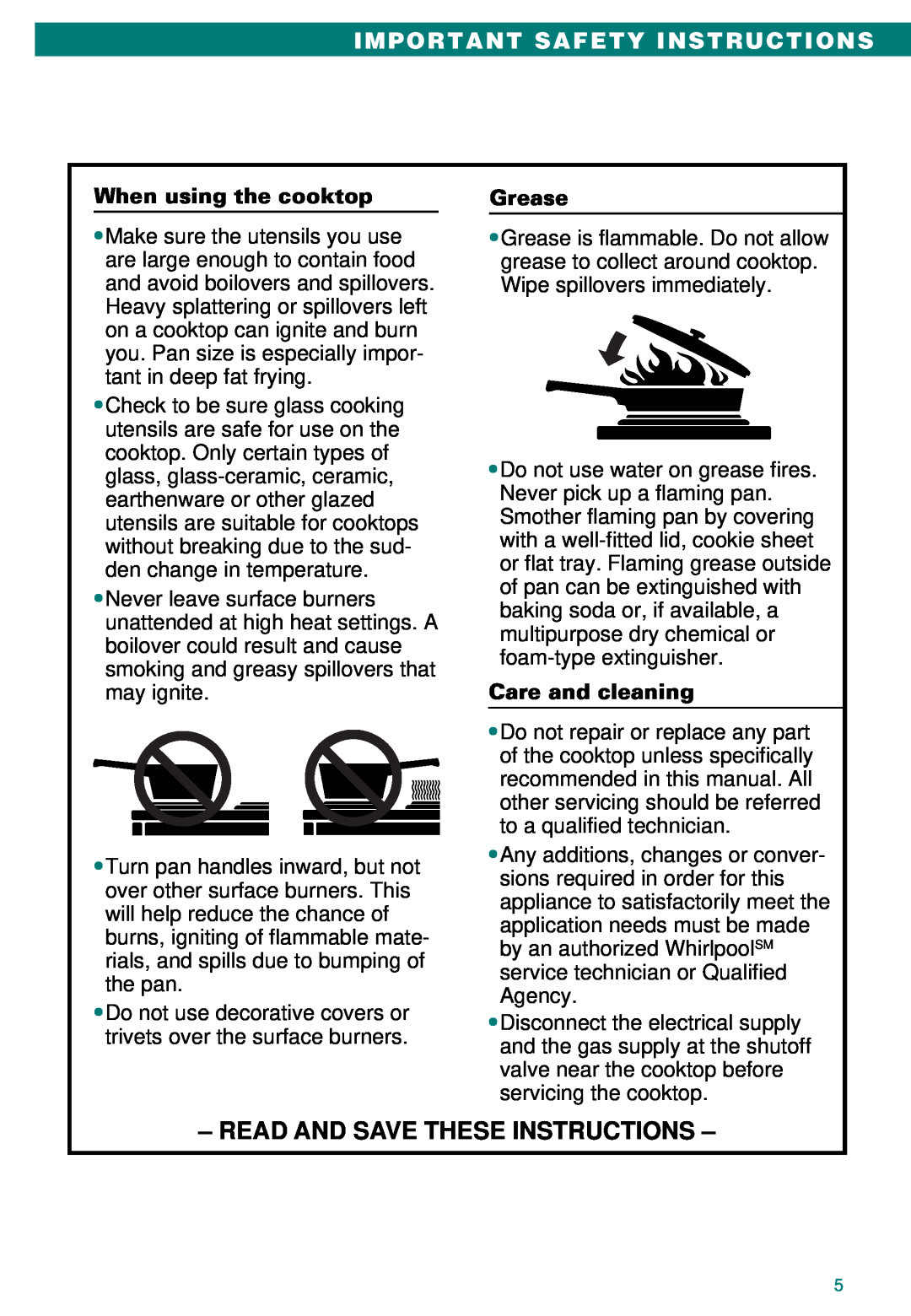 Whirlpool SC8100XA Read And Save These Instructions, Important Safety Instructions, When using the cooktop, Grease 