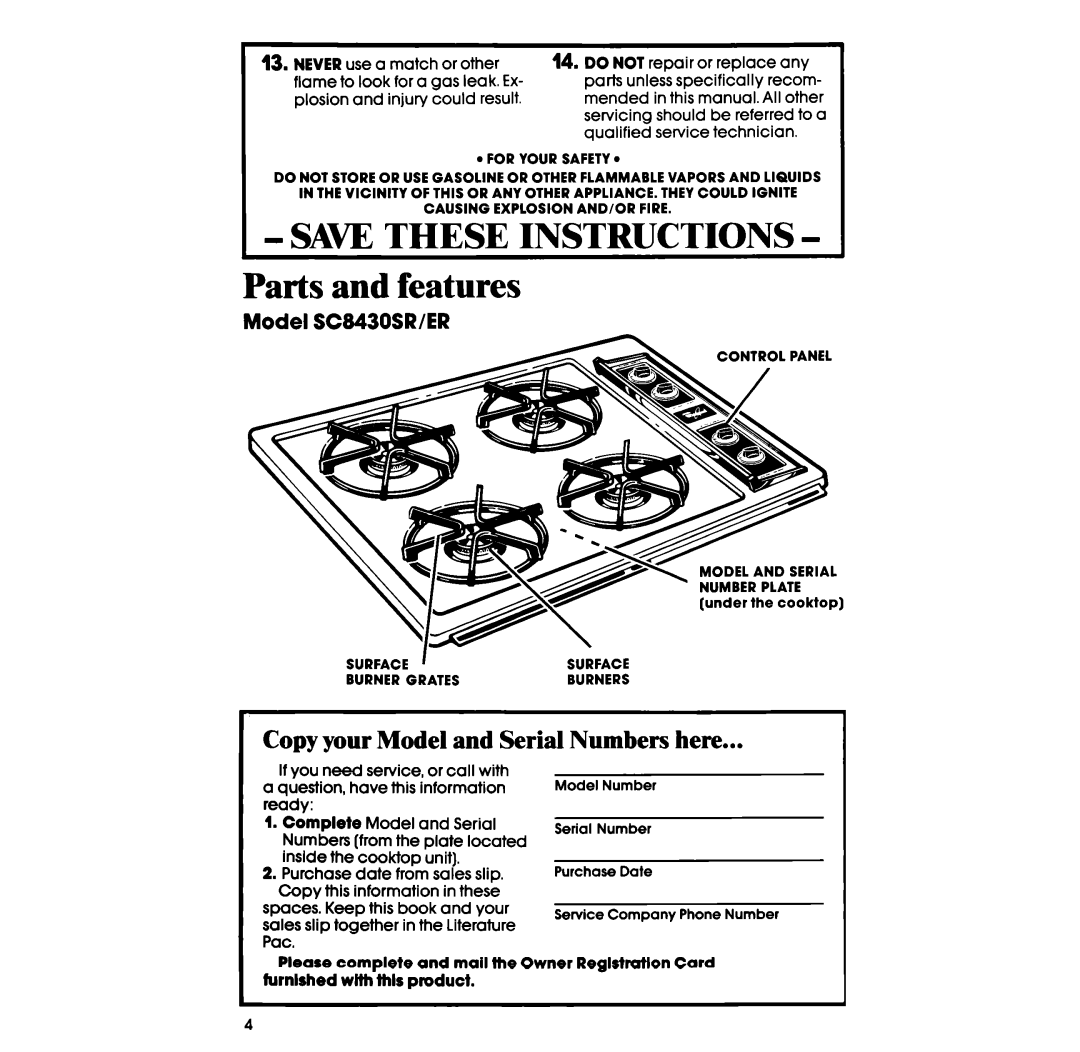 Whirlpool SC8430SR, SC8430ER manual Save These Instructions Parts and features, Copy your Model and Serial Numbers here 