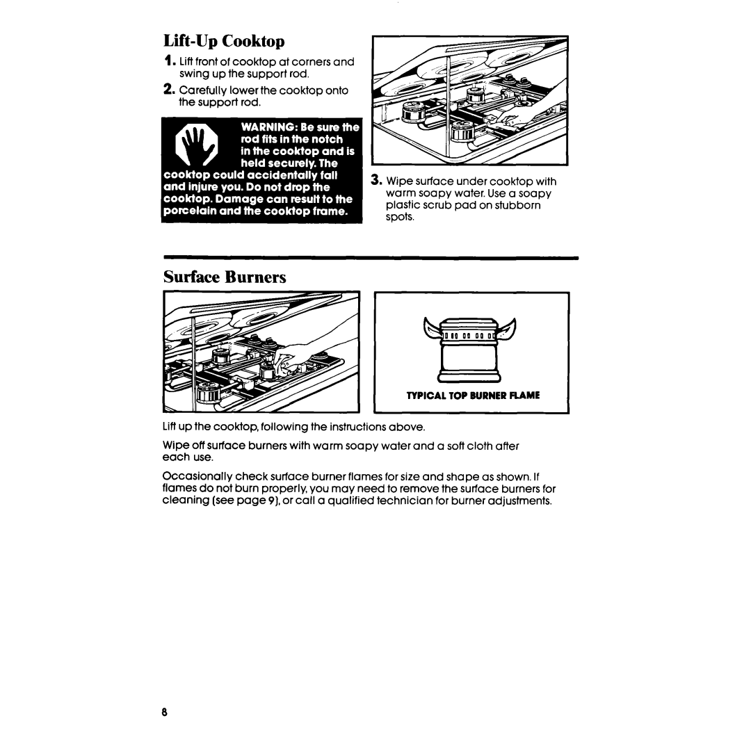 Whirlpool SC8430SR, SC8430ER manual Lift-Up Cooktop, Surface Burners 