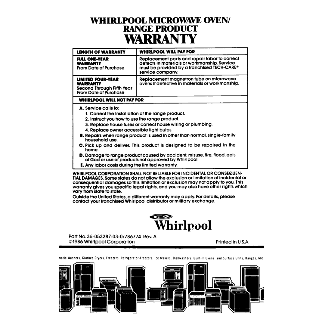 Whirlpool SC8436ER, SC8536ER manual Whirlpool Microwaw Oven Range Product 