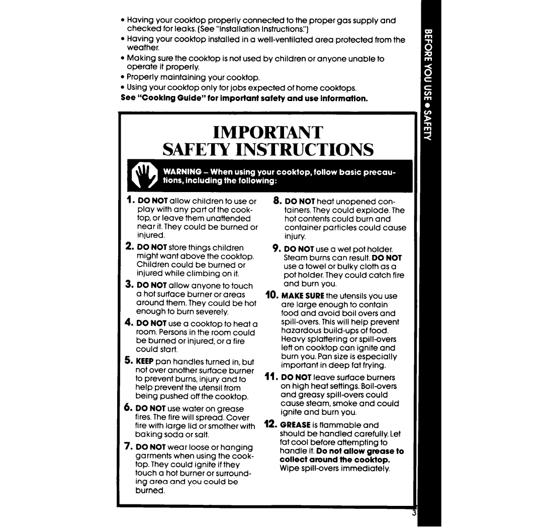 Whirlpool SC8536ER, SC8436ER manual Safety Instructions, See Cooking Guide for important safety and use intormation 