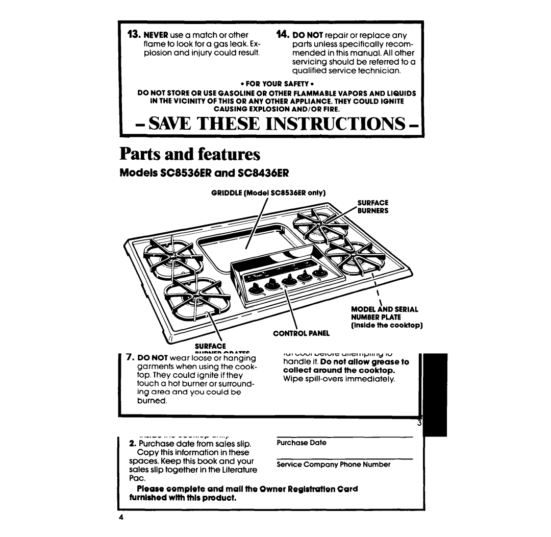 Whirlpool manual Parts and features, Copy your Model and Serial Numbers here, Models SC8536ER and SC8436ER 