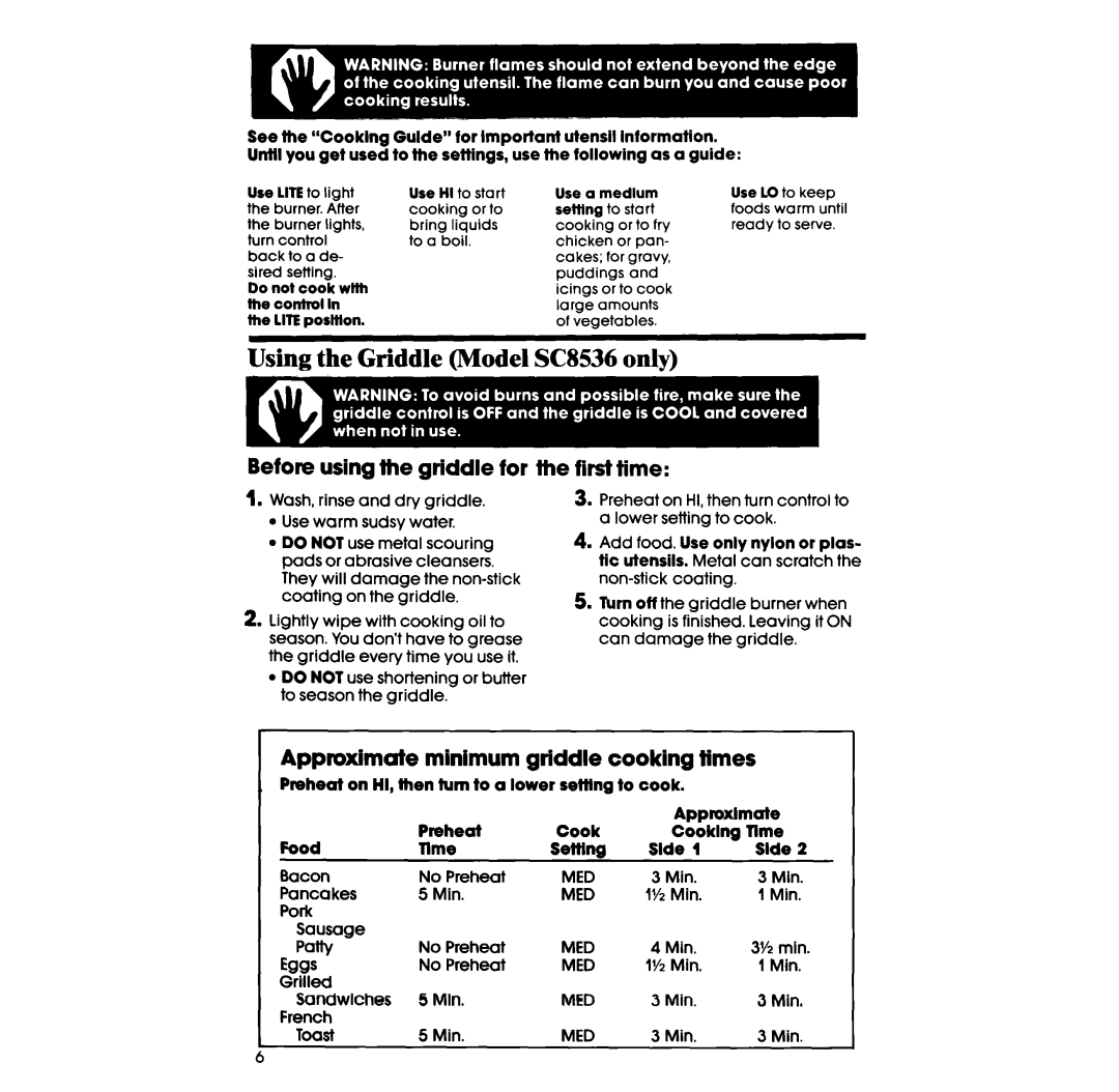 Whirlpool SC8436ER, SC8536ER manual Using the Griddle Model SC8536 only, Before using the griddle for the first time, Med 