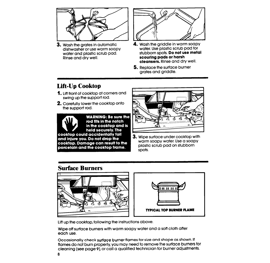 Whirlpool SC8436ER, SC8536ER manual Lift-Up Cooktop, Surface Burners, Typicaltop Burnerflame 